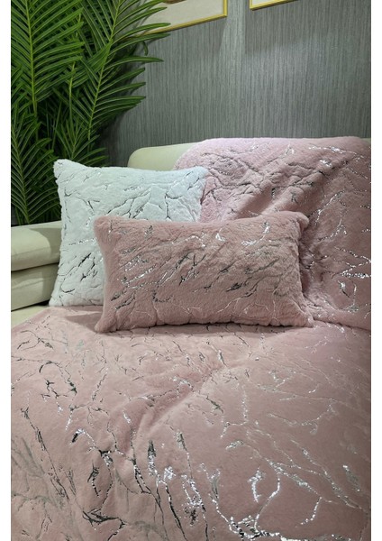 Pembe peluş ve varak detaylı koltuk ve şal seti 100x160, rahat ve şık tasarım fiyatları