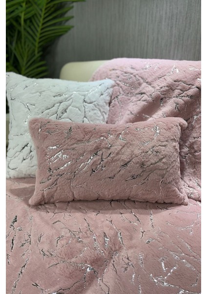 Pembe peluş ve varak detaylı koltuk ve şal seti 100x160, rahat ve şık tasarım modelleri