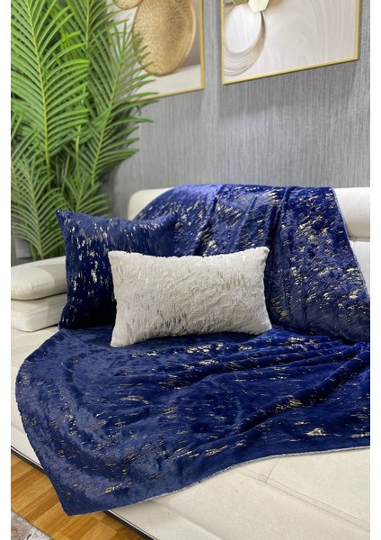 Lacivert peluş koltuk ve şal seti, şık ve rahat dekorasyon ürünü, 100x160 ölçü