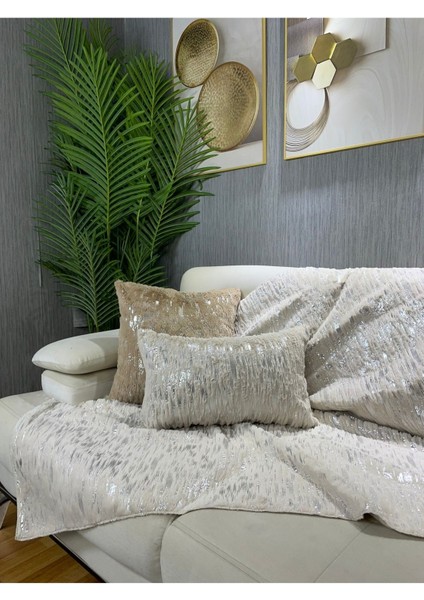 Yumuşak peluş tavşan temalı krem koltuk örtüsü ve şal seti 100x160 bej renk