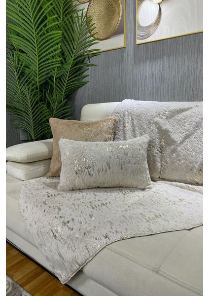 Krem Peluş ve Varak Baskılı Koltuk ve Şal Takımı, 100x160 boyut, Bej renk