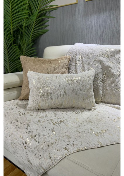 Krem Peluş ve Varak Baskılı Koltuk ve Şal Takımı, 100x160 boyut, Bej renk