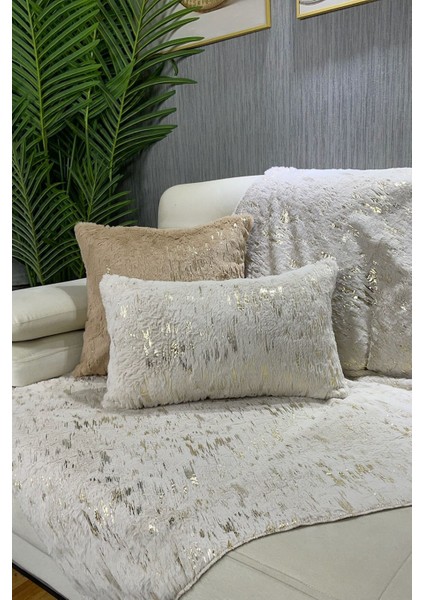 Krem Peluş ve Varak Baskılı Koltuk ve Şal Takımı, 100x160 boyut, Bej renk