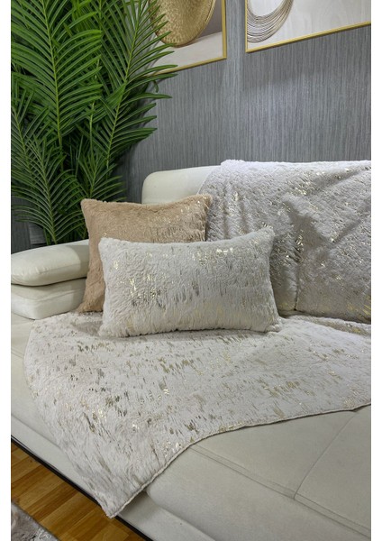 Krem Peluş ve Varak Baskılı Koltuk ve Şal Takımı, 100x160 boyut, Bej renk