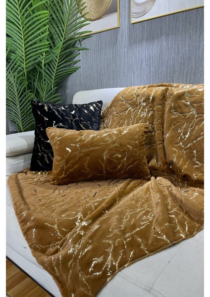 Yumuşak peluş koltuk örtüsü ve şal, altın detaylar, konfor ve şıklık sunar, 100x160 cm