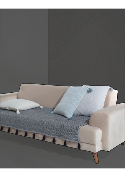 Püsküllü Siyah Pamuklu Koltuk Örtüsü 115x200 cm, Kanepe, Divan, Çekyat ve Berjer için
