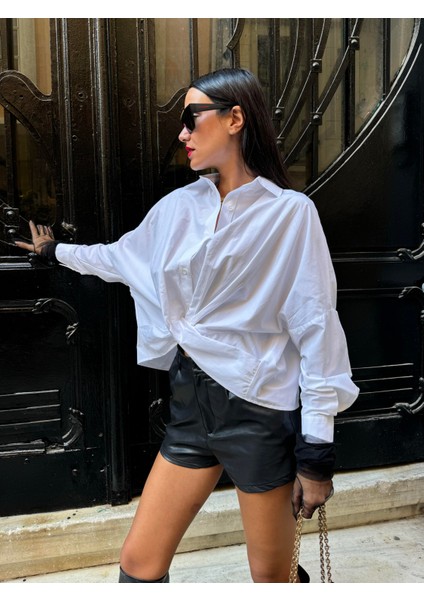 Kadın Beyaz Pamuk Kumaş Tasarım Gömlek 28001