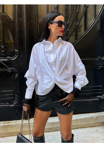 Kadın Beyaz Pamuk Kumaş Tasarım Gömlek 28001 indirimleri