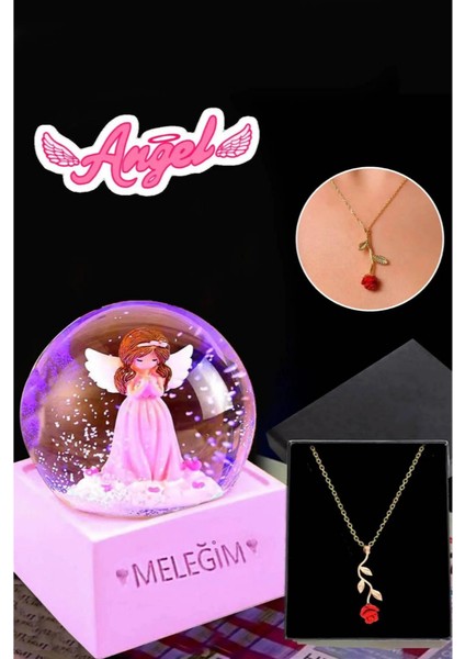 Sevgiliye Hediye Meleğim Kar Küresi & Gold Rose Gül Kolye