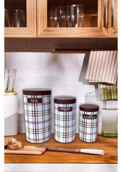 Bambu Görünümlü Kapak ve 3'lü Dama Desenli Metal Kavanoz Seti