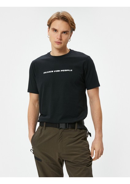 Slim Fit Tişört Slogan Baskılı Bisiklet Yaka Kısa Kollu