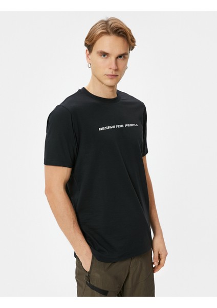 Slim Fit Tişört Slogan Baskılı Bisiklet Yaka Kısa Kollu