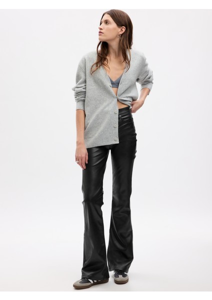 Kadın Siyah High Rise Suni Vegan Deri '70s Flare Jean Pantolon