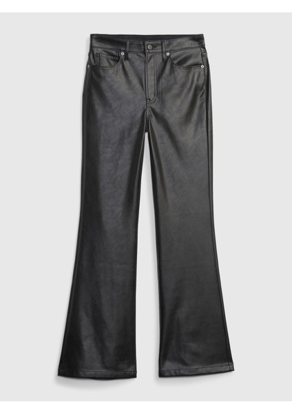 Kadın Siyah High Rise Suni Vegan Deri '70s Flare Jean Pantolon fiyatları