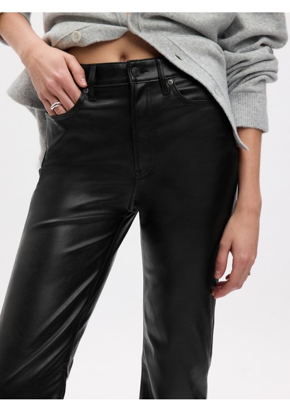 Kadın Siyah High Rise Suni Vegan Deri '70s Flare Jean Pantolon indirimleri