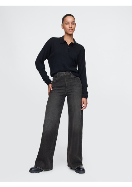 Kadın Siyah High Rise Stride Wide-Leg Jean Pantolon