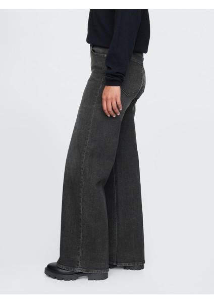 Kadın Siyah High Rise Stride Wide-Leg Jean Pantolon