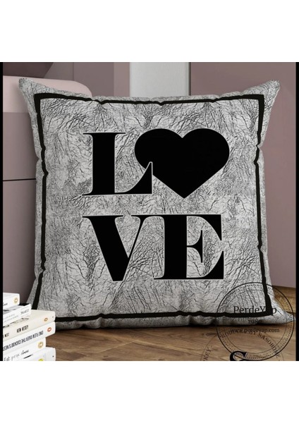 Love Kalp Dekoratif Kırlent Yastık Kılıfı 43 x 43 cm Gri