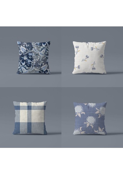 Çift Taraflı Fransız Mavi Desenli 4'lü Dijital Baskılı Kırlent Kılıfı Seti