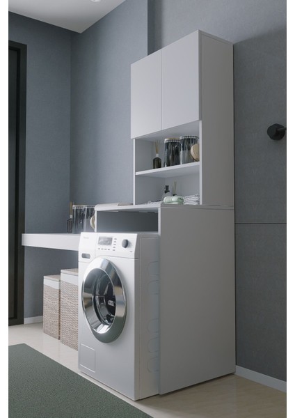 Çamaşır Makinesi Dolabı Hayzum 180*066*55 Banyo Kiler Dolabı Beyaz