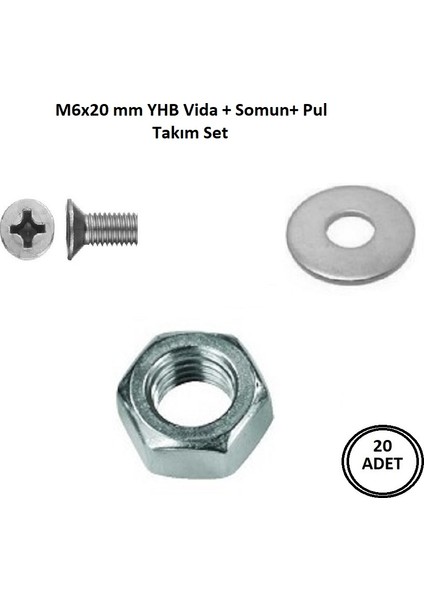 M6 x 20 mm Vida + Somun + Pul Matkap Uçlu Yhb Vida Set 20 Adet