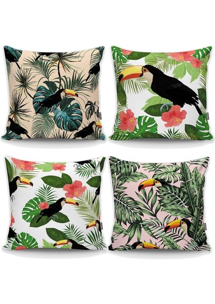 Tropikal Palmiye Yapraklar Üzerine Tukan Kuş Motifli 4'lü Kırlent Kılıfı Seti
