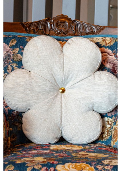 Dekoratif Keten Kumaş Krem Renk Gold Düğme Papatya Kırlent 42x42 cm fırsatları