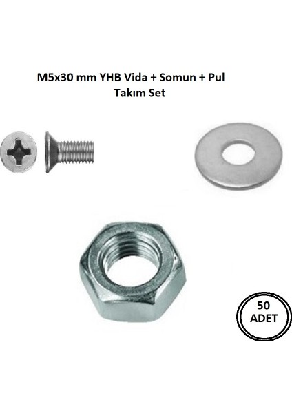 M5 x 30 mm Vida + Somun + Pul Matkap Uçlu Yhb Vida Set 50 Adet