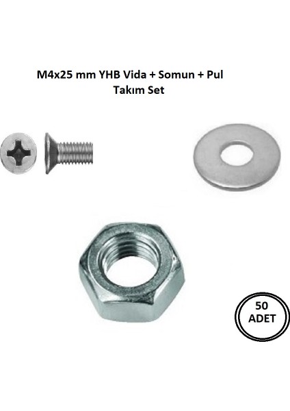 M4 x 25 mm Vida + Somun + Pul Matkap Uçlu Yhb Vida Set 50 Adet