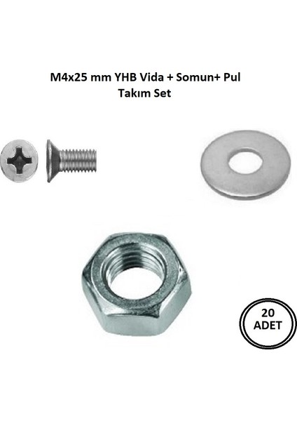 M4 x 25 mm Vida + Somun + Pul Matkap Uçlu Yhb Vida Set 20 Adet