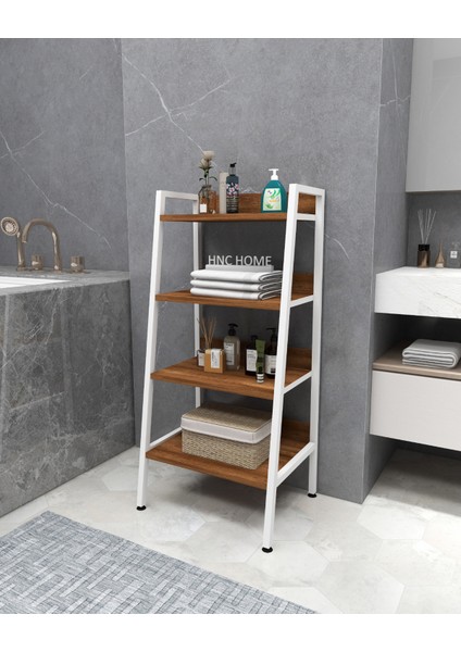 Metal Ahşap Dekoratif Açık Banyo Rafı Konik Banyo Rafı 4 Raflı Beyaz Çok Amaçlı Raf Organizer