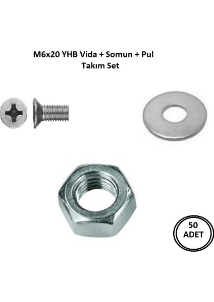 M4 x 20 mm Vida + Somun + Pul Matkap Uçlu Yhb Vida Set 50 Adet