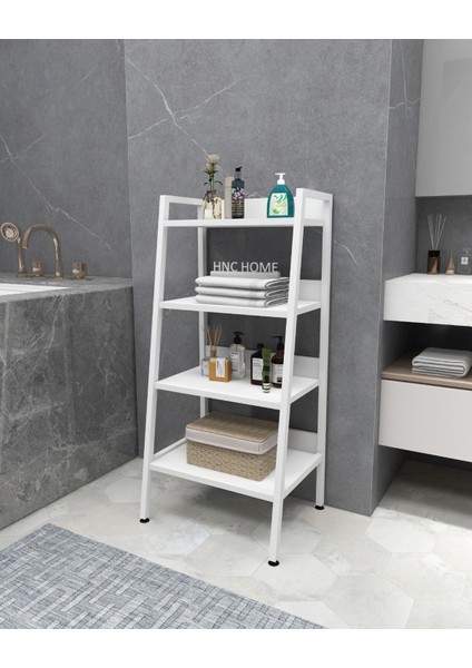 Metal Ahşap Dekoratif Açık Banyo Rafı Konik Banyo Rafı 4 Raflı Beyaz Çok Amaçlı Raf Organizer