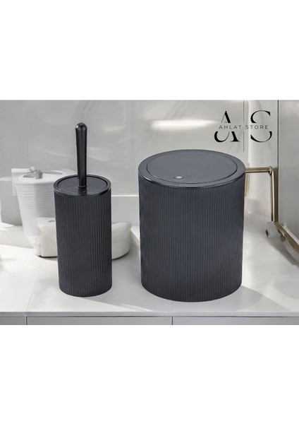 Yuvarlak Çöp Kovası & Yuvarlak Tuvalet Fırçası Seti İkili Banyo Seti Siyah