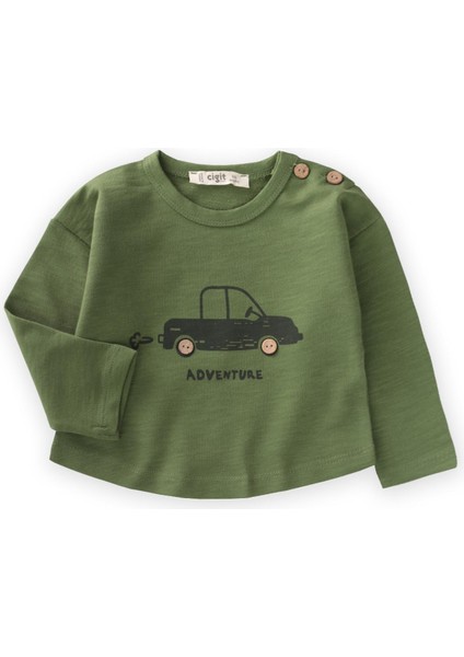 Adventure Baskılı Erkek Sweatshirt 0-5 Yaş Yağ Yeşili