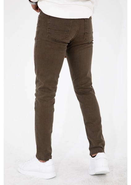 Hlt Jeans Erkek Koyu Camel Haki Slim Fit Dar Likralı Jeans Kot Pantolon HLTHE001970