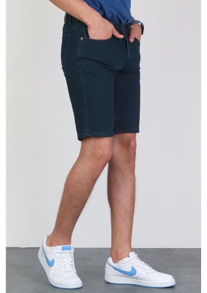 Erkek Taşlamalı Rahat Kesim Dark Green Jean Şort