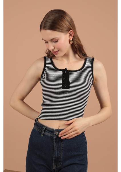 Kaşkorse Çizgili Kumaş Patı Çıtçıtlı Kadın Bluz Siyah