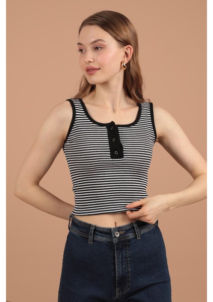 Kaşkorse Çizgili Kumaş Patı Çıtçıtlı Kadın Bluz Siyah modelleri