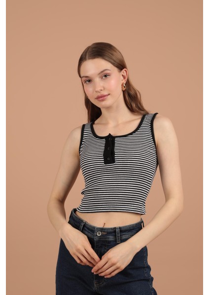 Kaşkorse Çizgili Kumaş Patı Çıtçıtlı Kadın Bluz Siyah fırsatları