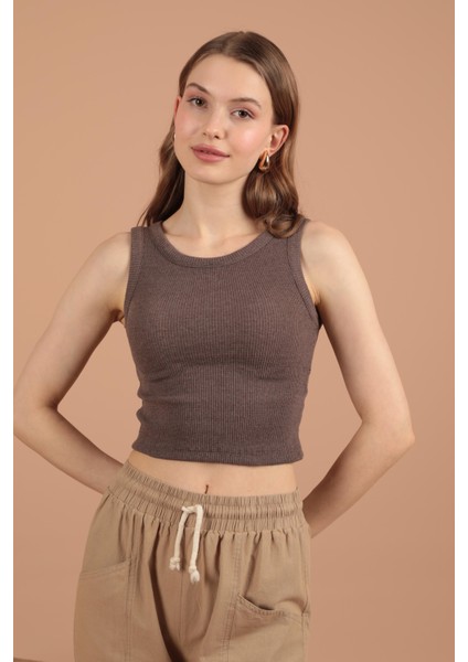 Kaşkorse Kumaş Halter Yaka Kadın Bluz Koyu Kahve indirimleri