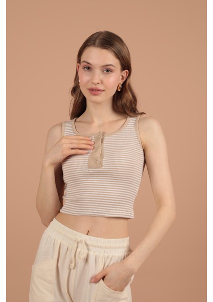 Kaşkorse Çizgili Kumaş Patı Çıtçıtlı Kadın Bluz Bej modelleri