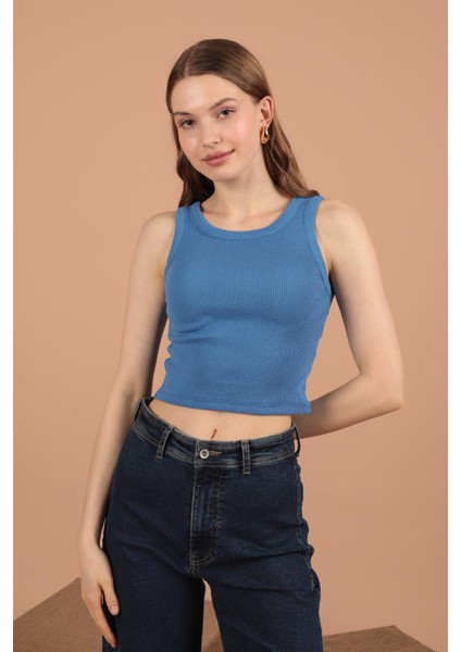 Kaşkorse Kumaş Halter Yaka Kadın Bluz Indigo