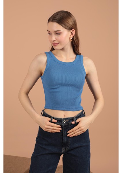 Kaşkorse Kumaş Halter Yaka Kadın Bluz Indigo fırsatları