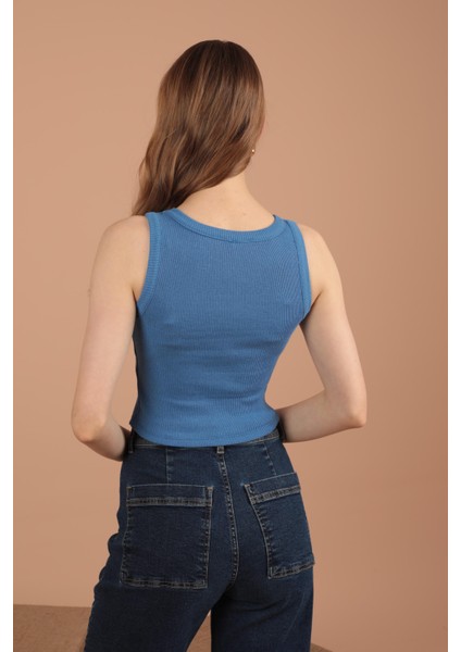 Kaşkorse Kumaş Halter Yaka Kadın Bluz Indigo indirimleri