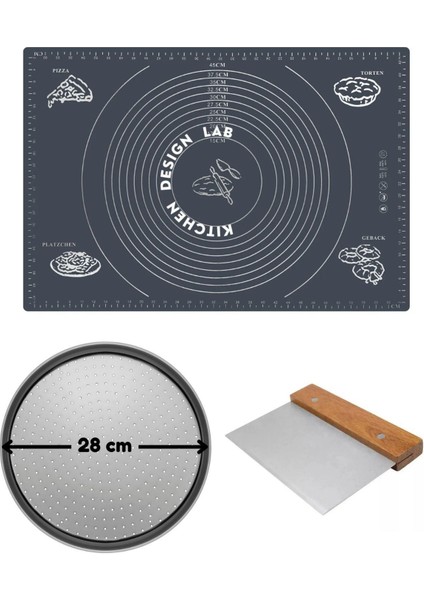 Gri Silikon Hamur Açma Matı 45 x 65 Cm, 28 cm Pizza Tepsisi ve Ahşap Saplı Hamur ve Pizza