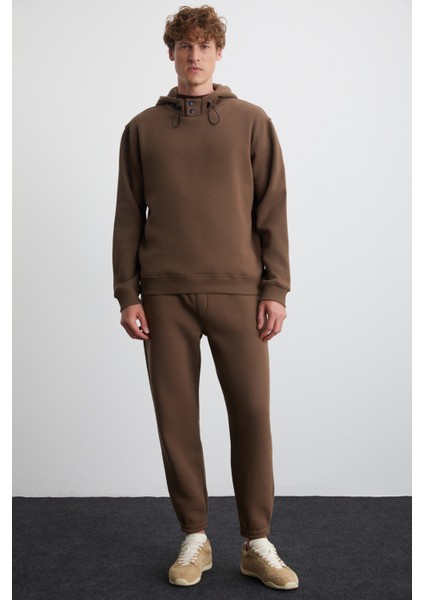 Jorna Erkek 3 Iplik Içi Şardonlu Yumuşacık Çıt Çıt Yakalı Regular Kapüşonlu Acı Kahve Sweatshirt