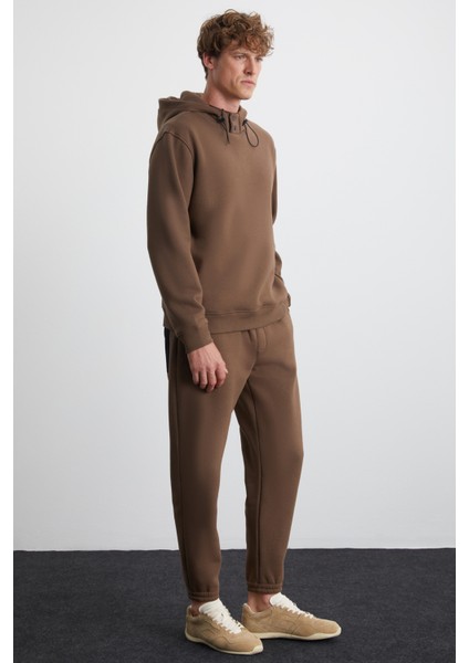 Jorna Erkek 3 Iplik Içi Şardonlu Yumuşacık Çıt Çıt Yakalı Regular Kapüşonlu Acı Kahve Sweatshirt