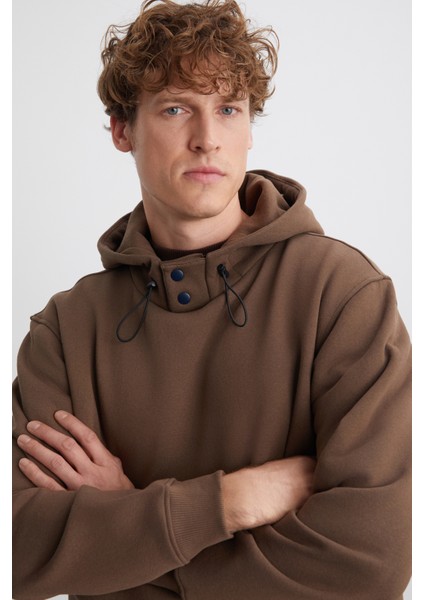 Jorna Erkek 3 Iplik Içi Şardonlu Yumuşacık Çıt Çıt Yakalı Regular Kapüşonlu Acı Kahve Sweatshirt