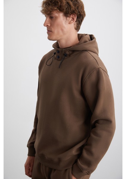 Jorna Erkek 3 Iplik Içi Şardonlu Yumuşacık Çıt Çıt Yakalı Regular Kapüşonlu Acı Kahve Sweatshirt